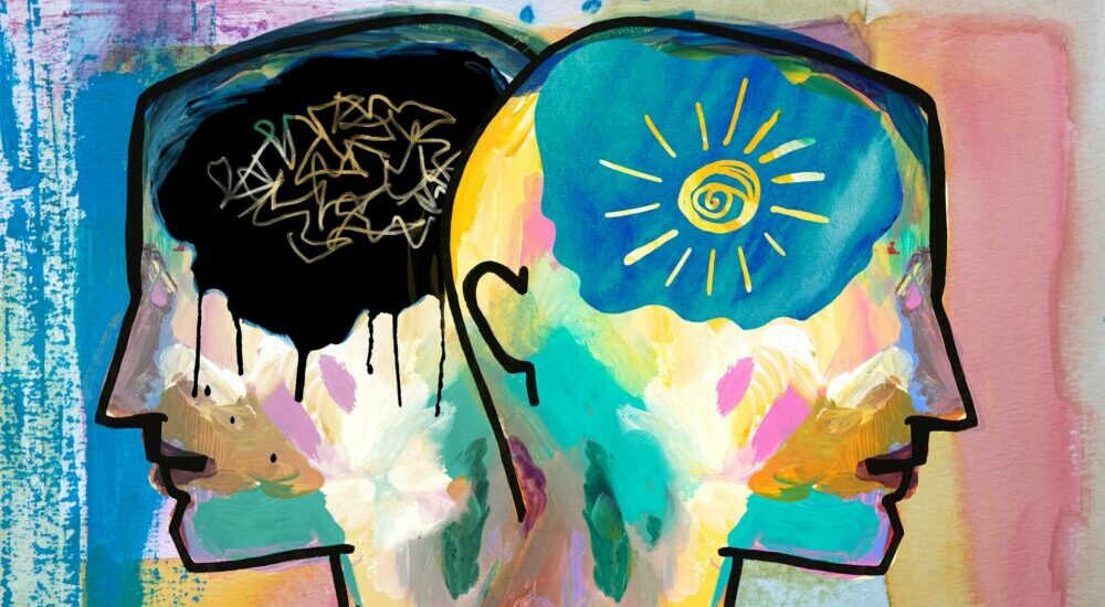 image de type peinture représentant une personne avec un cerveau où il fait nuit et une personne avec un cerveau où il fait jour